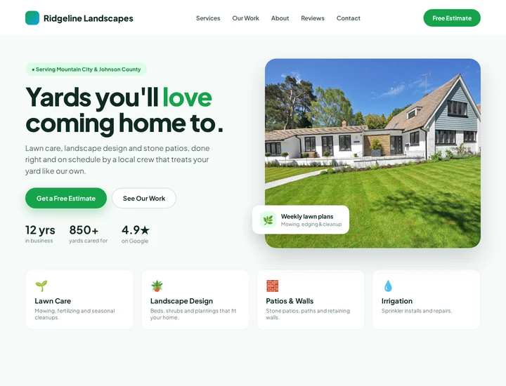 Example design 1: clean and modern landscaping homepage