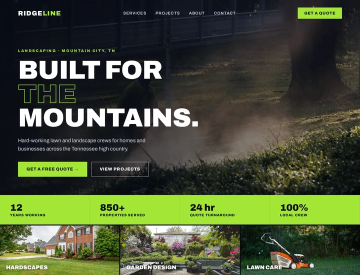 Example design 2: bold dark landscaping homepage